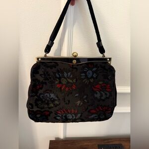 Vintage Floral Velvet Burnout Frame Bag Kiss Lock Top Handle Purse Retro 50s 60s